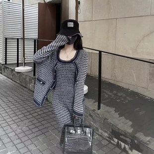 显瘦开衫 条纹炸街时尚 修身 新款 外套针织连衣裙两件套女 外套女秋季