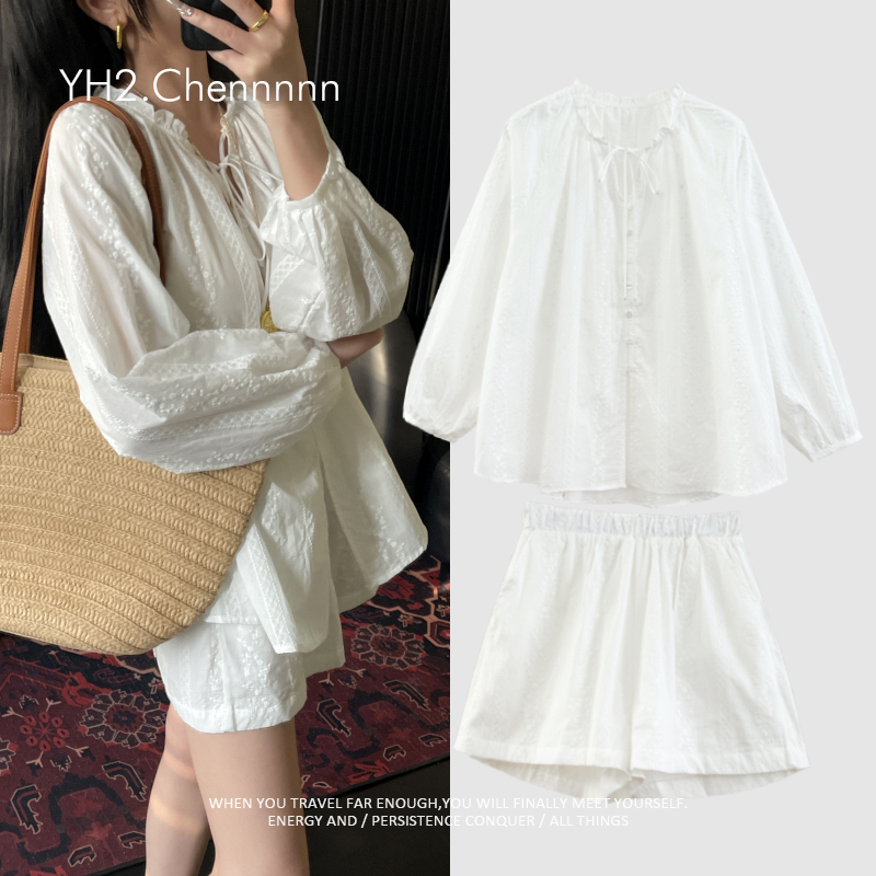 重工费料100棉娃娃刺绣衬衫短裤