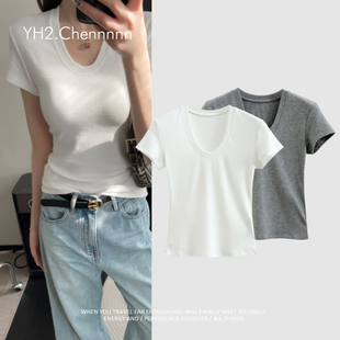 YH2.Chennnnn T恤女显瘦打底上衣 凸显线条高弹力修身 U领正肩短袖