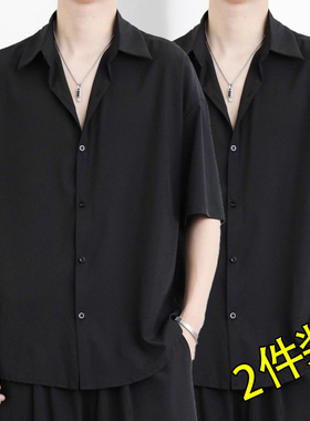 衬衫百搭夏季黑色薄款宽松上衣痞帅短袖垂顺冰丝帅气学生休闲衬衣