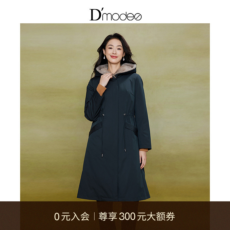 双侧口袋，H版型，水貂毛连帽领