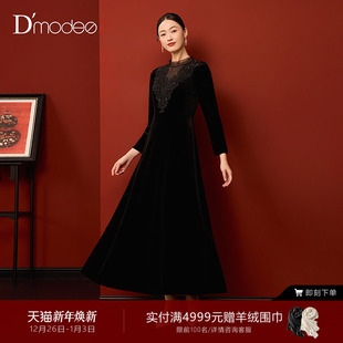 名媛蕾丝连衣裙女DC05032254 黛玛诗丝绒小黑裙冬新款 商场同款