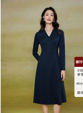 黛玛诗秋季显瘦花裙子优雅气质V领伞裙长袖针织连衣裙女