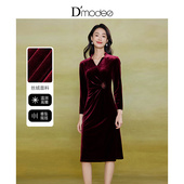 黛玛诗显瘦花裙子秋冬新款 高贵气质V领收腰丝绒连衣裙女礼服酒红