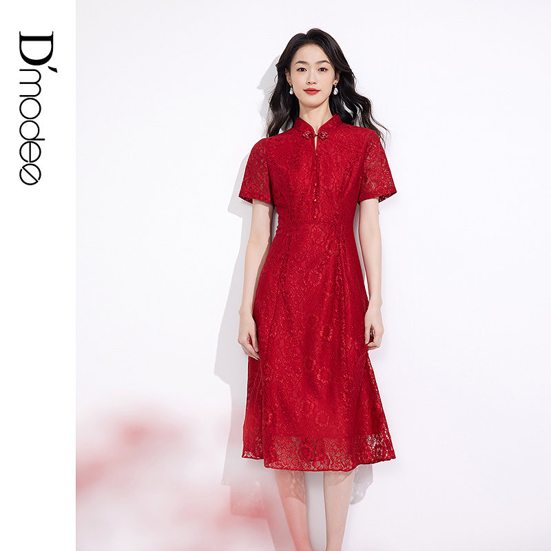 黛玛诗春季新款新中式连衣裙时尚蕾丝旗袍裙女红色礼服裙优雅