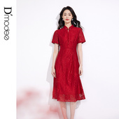 连衣裙时尚 新中式 蕾丝旗袍裙女红色礼服裙优雅 新款 黛玛诗春季
