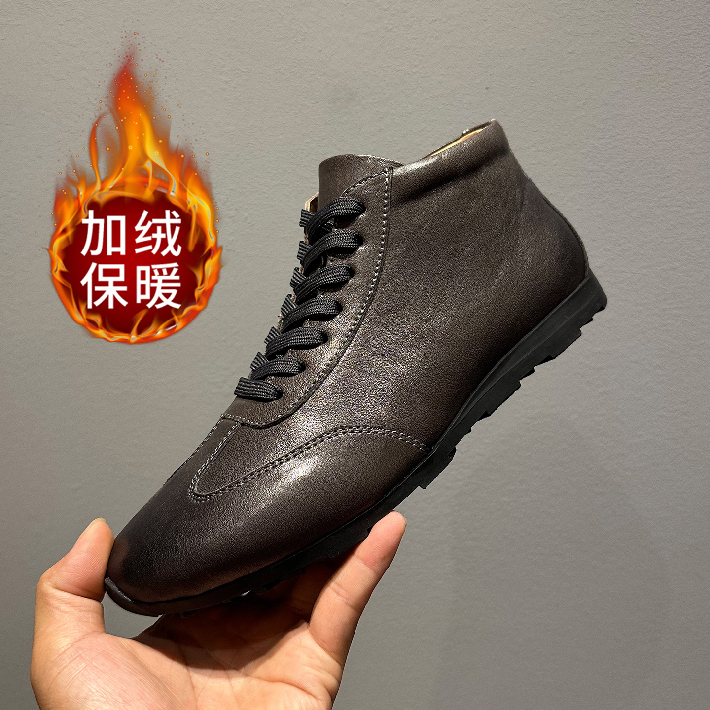 复古真皮高帮德训鞋男2025冬季新款百搭轻便运动鞋加绒保暖阿甘鞋