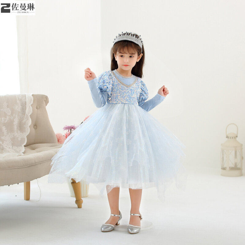 公主裙21秋新款韩版女童Bling丝绒亮片裙不规则裙摆童装礼服裙爆