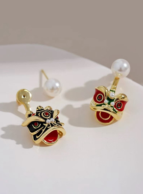 欧比雅比国风潮红色醒狮狮头AB款不对称耳环后挂式两戴仿珍珠耳钉