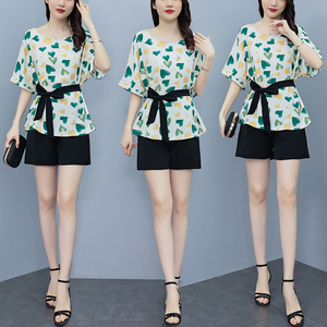 RM10474#夏季新款胖MM遮肚显瘦圆领爱心翠花雪纺套装时尚洋气两件套