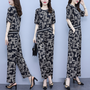 RM10472#夏季新款大码女装胖MM宽松显瘦时尚减龄印花气质阔腿裤两件套