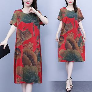RM10471#夏季新款大码女装宽松显瘦胖妈妈遮肚子真丝缎时尚洋气连衣裙