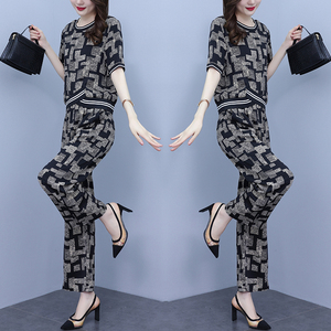 RM10472#夏季新款大码女装胖MM宽松显瘦时尚减龄印花气质阔腿裤两件套