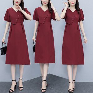 RM10475#夏季新款胖mm法式气质短袖连衣裙绑带收腰显瘦复古赫本风长裙