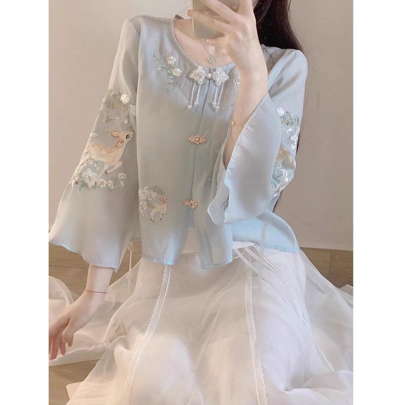 新中式国风改良汉服衬衫女夏季2025新款时尚甜美设计感高腰半身裙