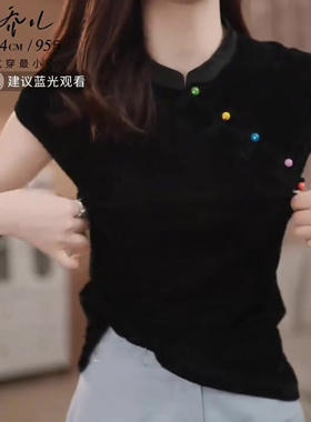 新中式国风斜襟彩色扣丝绒短袖t