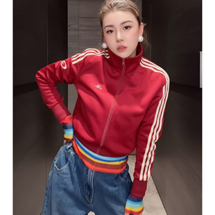 韩版时尚运动风红色立领拉链卫衣女2026年春季新款显瘦长袖外套
