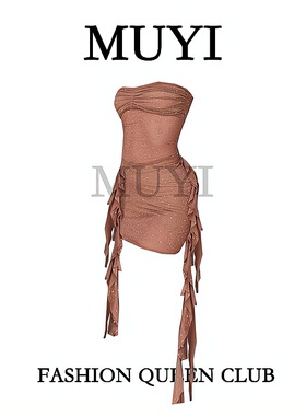 MUYI原创 酒吧闪钻抹胸网纱连衣裙性感gogo辣妹风褶皱飘带包臀裙