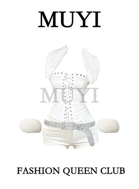 MUYI原创酒吧性感gogo白色镂空绑带毛毛领抹胸上衣修身表演服套装