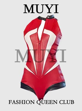 MUYI原创 酒吧性感女团gogo紧身红色皮连体衣辣妹甜酷无袖机车服