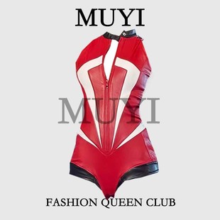 MUYI原创 机车服 酒吧性感女团gogo紧身红色皮连体衣辣妹甜酷无袖