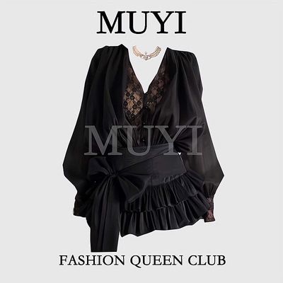 高级感性感深V蝴蝶结连衣裙套装