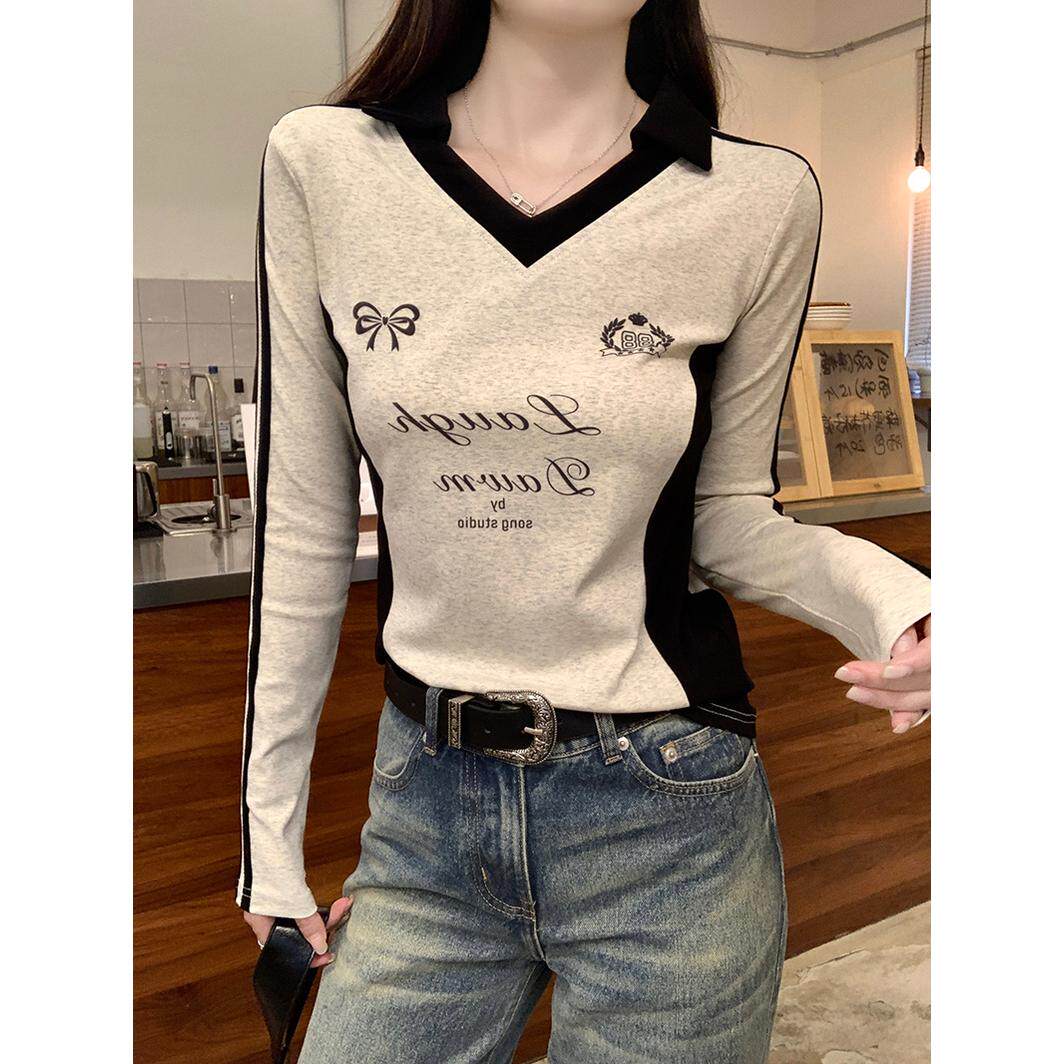 实拍螺纹210克长袖t恤女2025秋季新款薄撞色翻领潮打底衫上衣