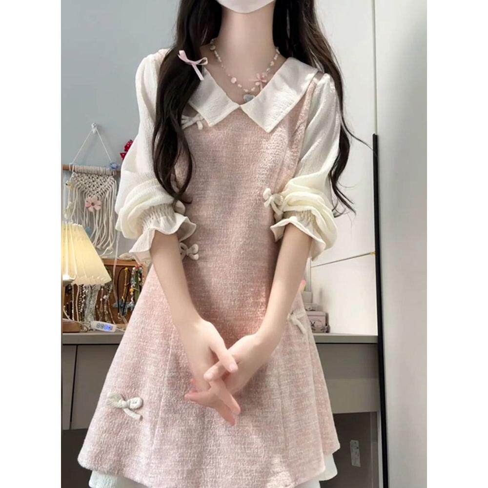 小个子绝美粉色连衣裙子女初秋季2025新爆款假两件miu系穿搭短裙