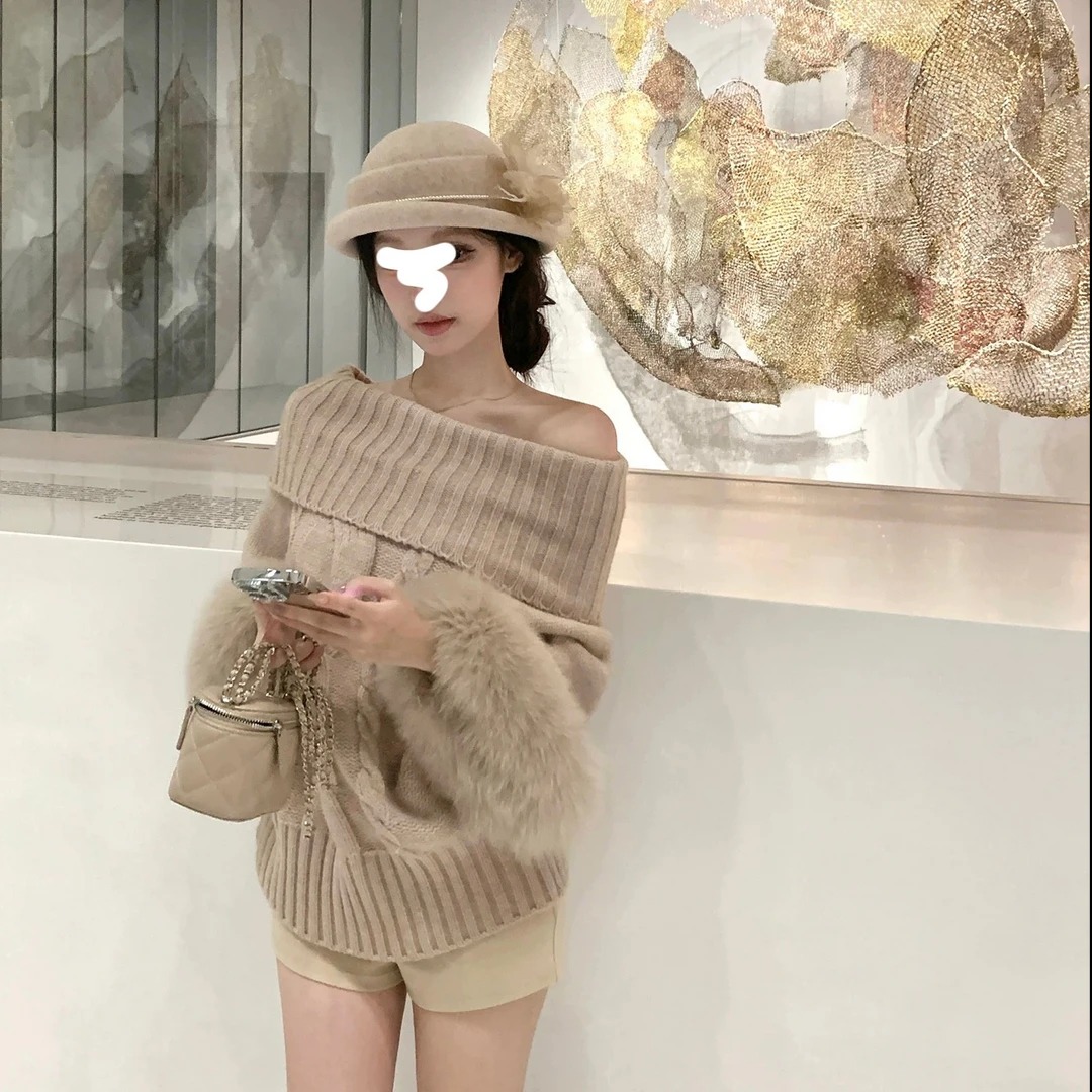 京洛佳人袖口狐狸毛高领羊毛麻花针织上衣毛衣女