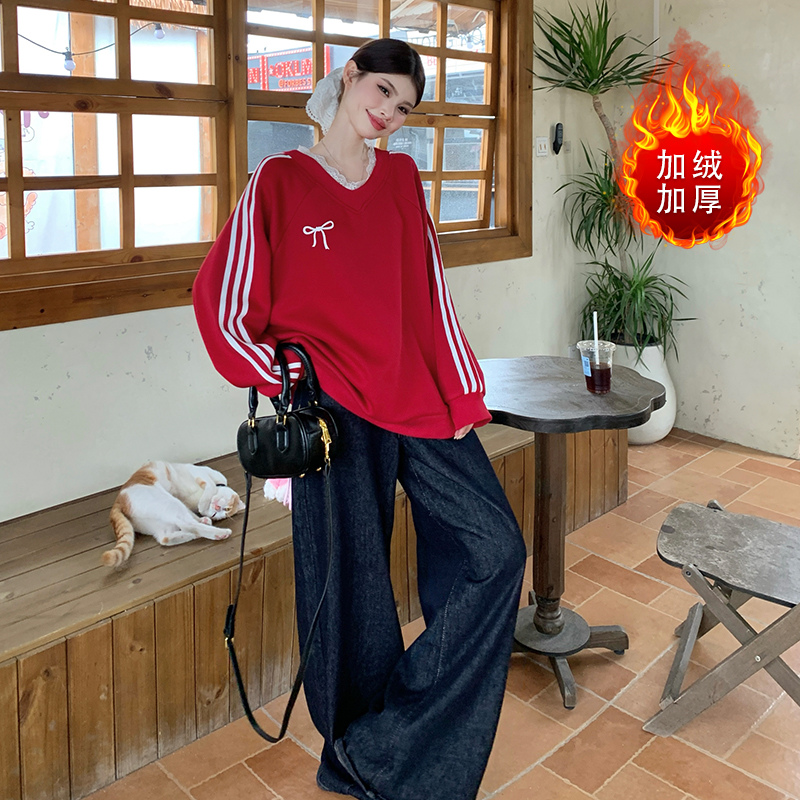加绒冬季大码卫衣  大码女装圆领卫衣宽松显瘦韩版印花卫衣