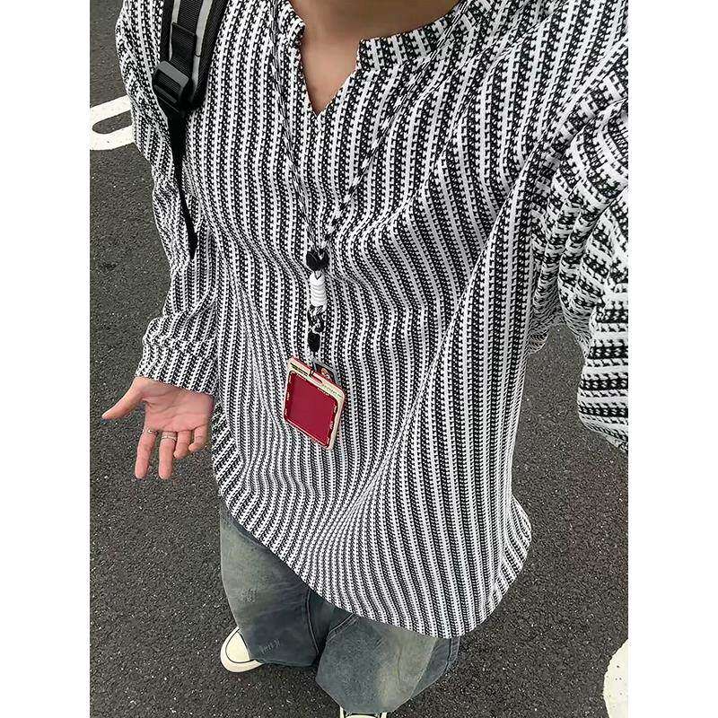 小香风长袖T恤男潮春秋小众设计感打底衫鱼骨纹V领条纹痞帅上衣服