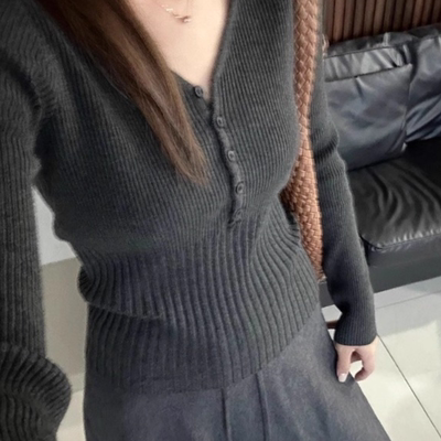 秋冬韩系v领针织收腰打底衫上衣