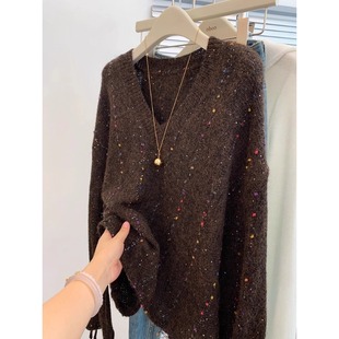 高级感重工亮片绑带喇叭袖针织衫女秋季复古慵懒软糯V领毛衣上衣