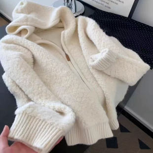 上身好有气质~拉链开衫软糯连帽毛衣女秋冬季宽松慵懒风温柔上衣