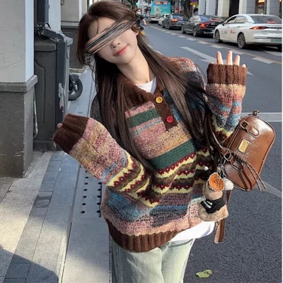 秋冬提花翻领彩色条纹针织毛衣