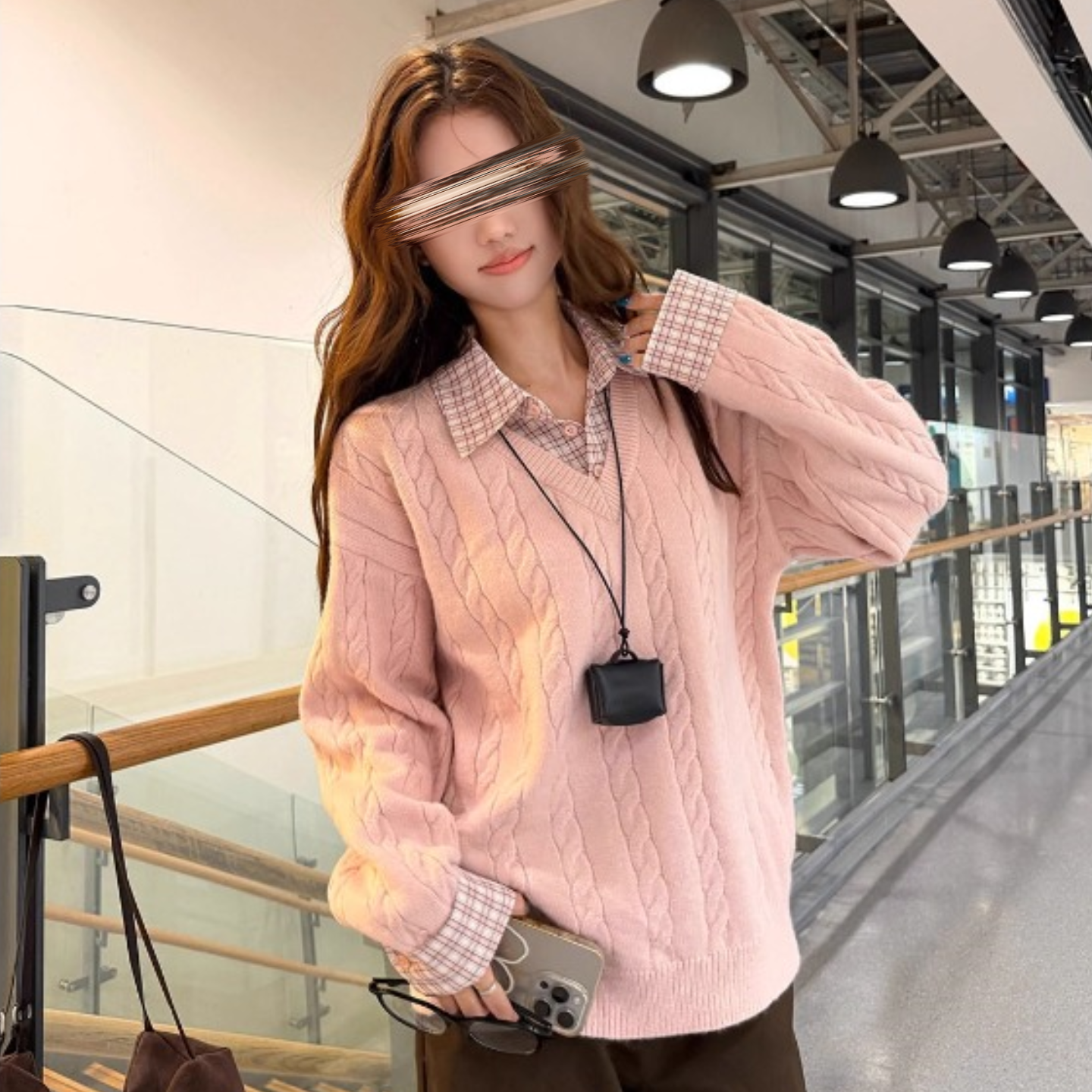 韩系麻花粉色假两件毛衣女秋冬衬衫拼接内搭针织衫上衣