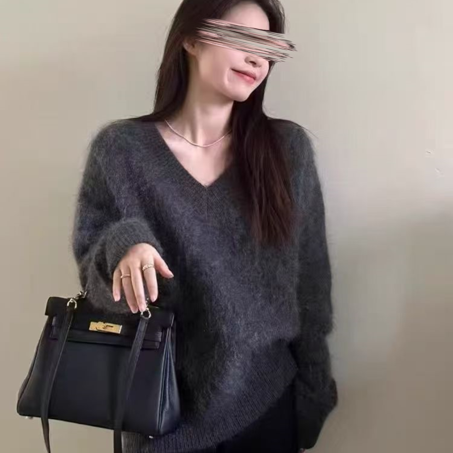 秋冬深灰色v领针织衫毛衣上衣