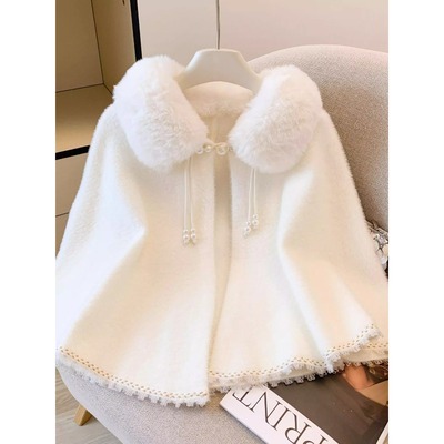 秋冬长袖珍珠扣毛毛领披肩