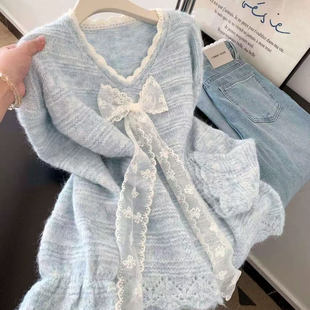 喜欢韩系温柔风!秋冬季少女感蕾丝蝴蝶结装饰暖呼呼长袖针织毛衣