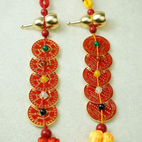 九星五行铜钱山鬼花钱汽车挂件车挂葫芦带朱砂挂饰和合挂饰