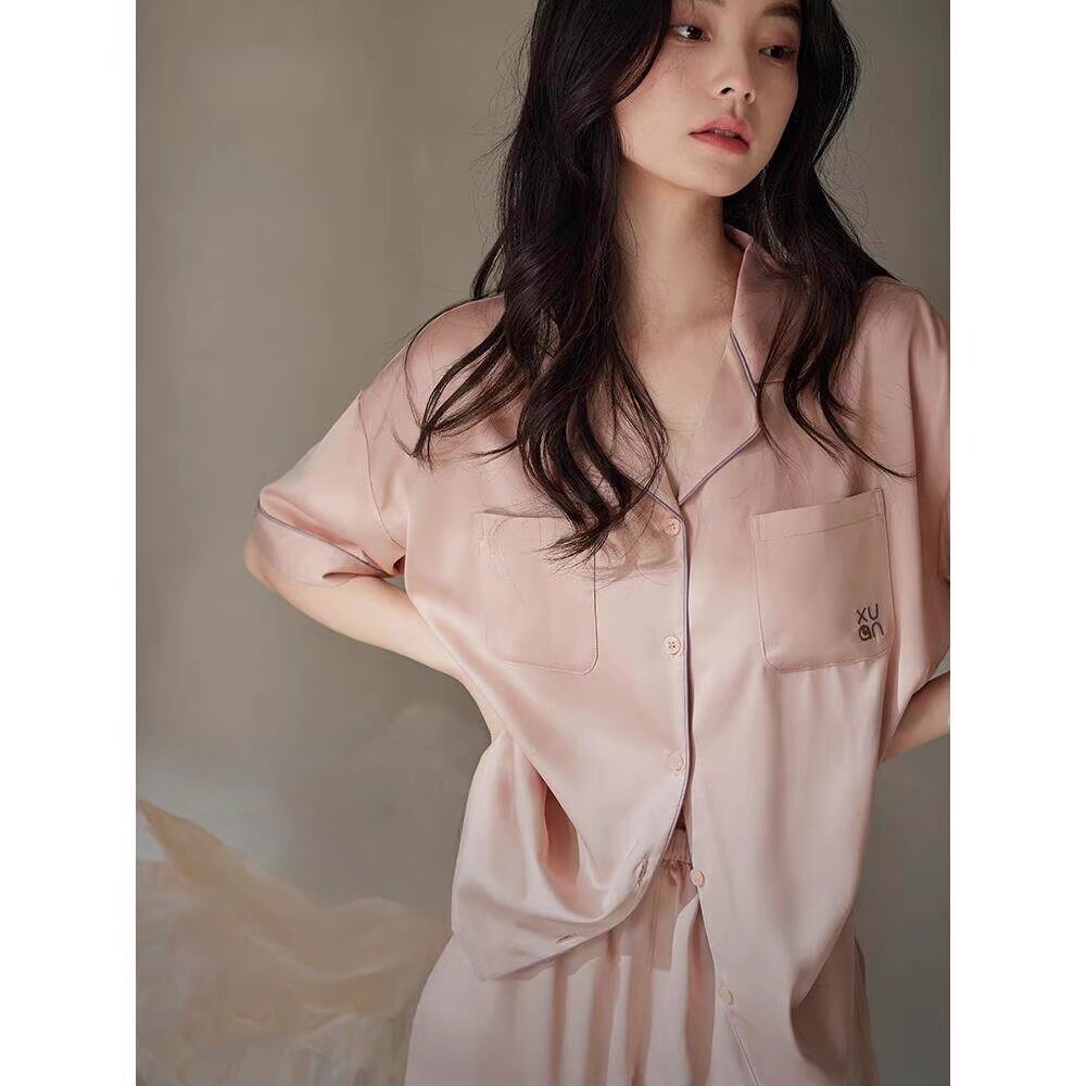 定制刺绣冰丝睡衣女真丝绸夏季薄款短袖短裤简约大码家居服套装