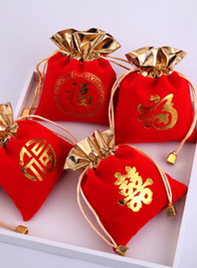 中国风红色烫金绒布袋福袋中式喜袋装糖果首饰的袋子盒批发国潮