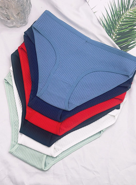 女士红色欧美深V腰性感棉高弹力舒适运动条纹三角裤