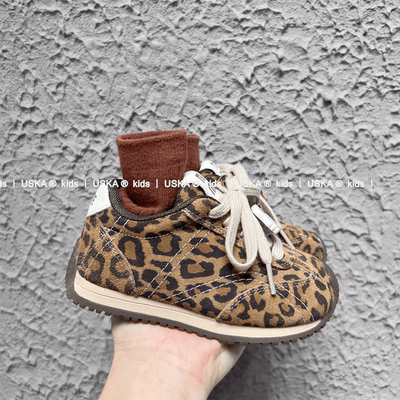 UskA2025冬季真皮儿童加棉运动鞋男童鞋子加绒女童德训鞋保暖豹纹