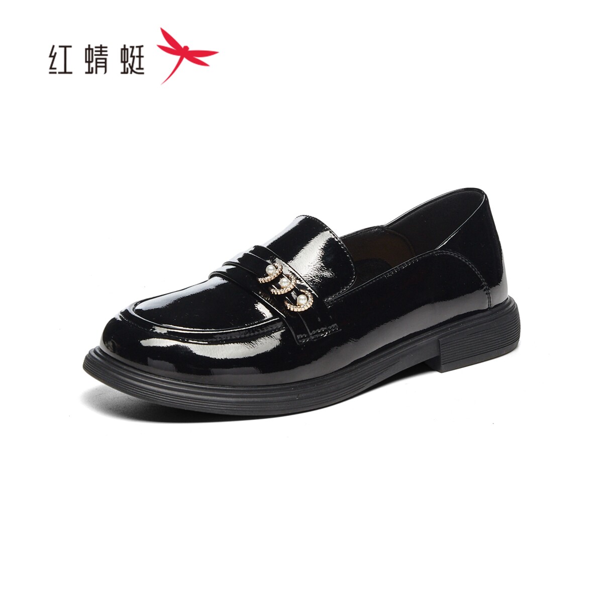 【女单鞋】红蜻蜓春季新品珍珠钻扣平底漆皮乐福休闲女单鞋乐福鞋