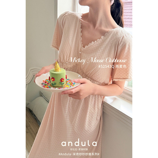 中长款 V领短袖 甜美家居服睡衣 优可丝棉薄款 安杜拉睡裙2025女夏季