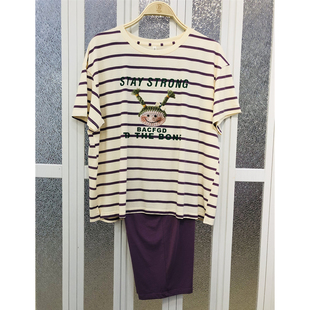 柔善睡衣2025夏季女士针织棉模短袖七分裤条纹甜美休闲女家居服套