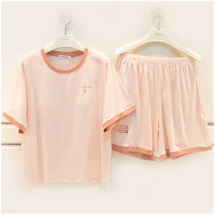 品牌睡衣2025夏季 女士薄荷纯棉针织素色气质带胸垫短袖 家居服套装