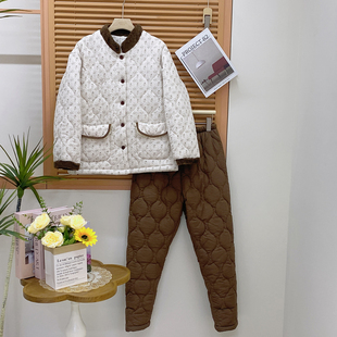 安杜拉女士睡衣2025冬季轻羽绒棉三层夹棉保暖小碎花女家居服套装