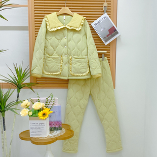 卡路曼女士睡衣2025冬季轻羽绒棉三层夹棉加厚甜美淑女家居服套装